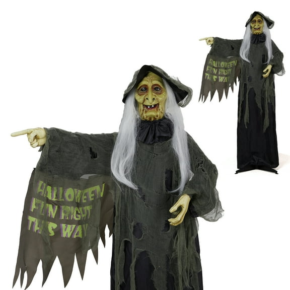 6ft Animated Witch Halloween Decoration - Outdoor Yard Garden Spooky Prop with LED Eyes, Sound, & Motion Sensor - Weather-Resistant Synthetic Fiber, Plastic, Metal