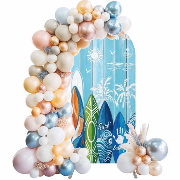 6ft Arch Backdrop Cover,Abstract Surfboard Summer Surfing Palm Tree Arch Stand Cover Spandex Fitted Backdrop Covers Blue Wood Grain Wedding Birthday Bridal Shower Party Background Decoration
