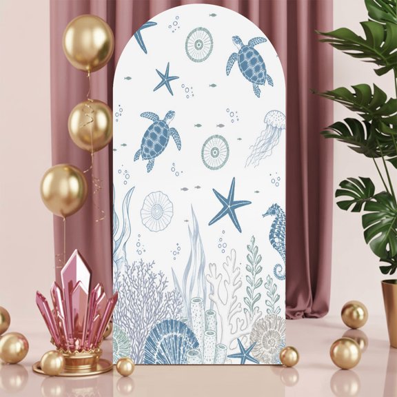 6ft Arch Backdrop Cover,Blue Sea Turtle Starfish Cora Shell Arch Stand Cover Spandex Fitted Backdrop Covers Underwater World Wedding Birthday Bridal Shower Party Background Decoration