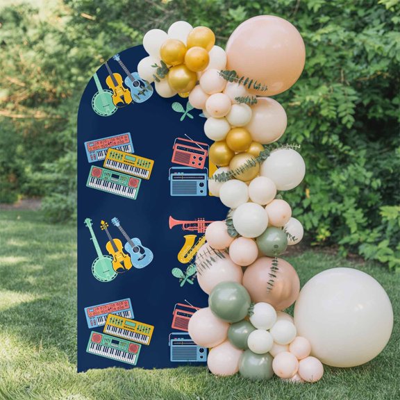 6ft Arch Backdrop Cover,Cartoon Instruments on Navy Blue Arch Stand Cover Spandex Fitted Backdrop Covers Colorful Guitars Piano Wedding Birthday Bridal Shower Party Background Decoration
