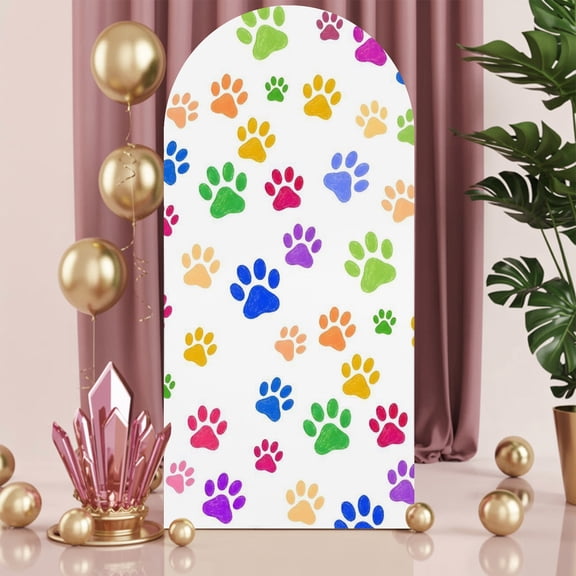 6ft Arch Backdrop Cover,Cartoon Paw Prints Arch Stand Cover Spandex Fitted Backdrop Covers Colorful Tracks Wedding Birthday Bridal Shower Party Background Decoration