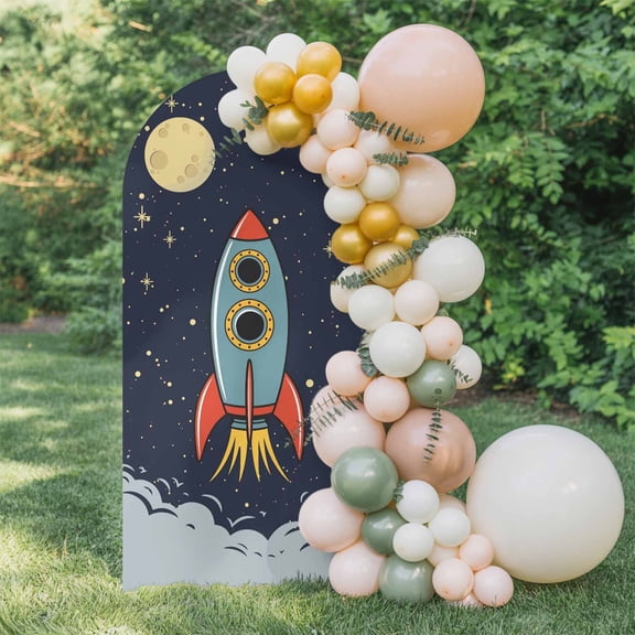 6ft Arch Backdrop Cover,Cartoon Space Rocket Launch Stars and Moon Arch Stand Cover Spandex Fitted Backdrop Covers Outer Planet Wedding Birthday Bridal Shower Party Background Decoration
