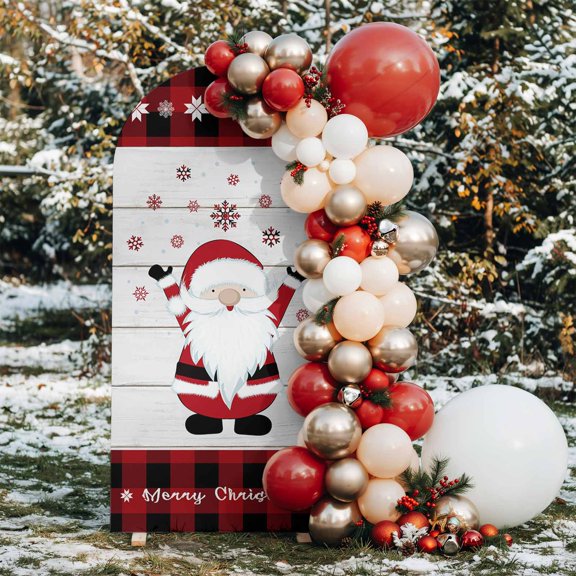 6ft Arch Backdrop Cover,Christmas Cute Santa Winter Snowflake Arch Stand Cover Spandex Fitted Backdrop Covers Red Grid Vintage Wooden Board Wedding Birthday Bridal Shower Party Background Decor