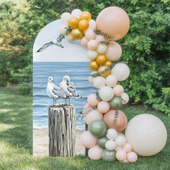 6ft Arch Backdrop Cover,Coastal Seagulls Ocean Arch Stand Cover Spandex Fitted Backdrop Covers Watercolor Beach Bird Wood Wedding Birthday Bridal Shower Party Background Decoration