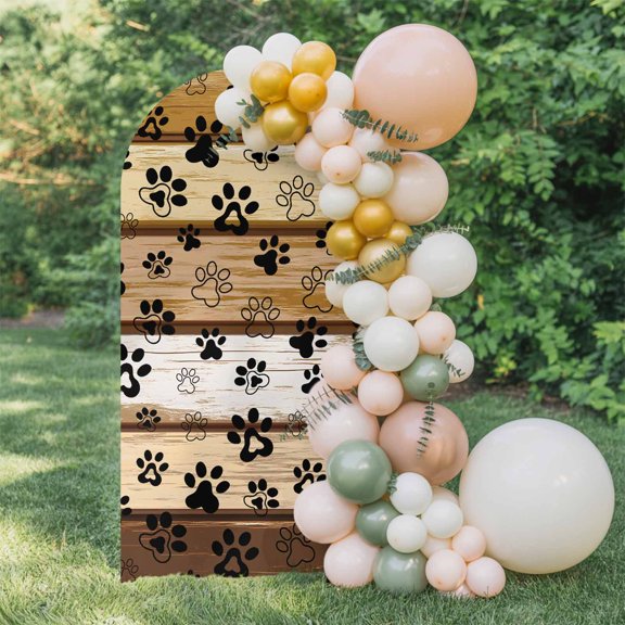 6ft Arch Backdrop Cover,Cute Dog Paw Print Farm Wood Board Arch Stand Cover Spandex Fitted Backdrop Covers Pet Footprint Shadow Wedding Birthday Bridal Shower Party Background Decoration