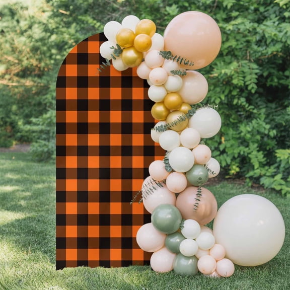 6ft Arch Backdrop Cover,Fall Orange Black Plaid Arch Stand Cover Spandex Fitted Backdrop Covers Halloween Minimalist Buffalo Check Wedding Birthday Bridal Shower Party Background Decoration