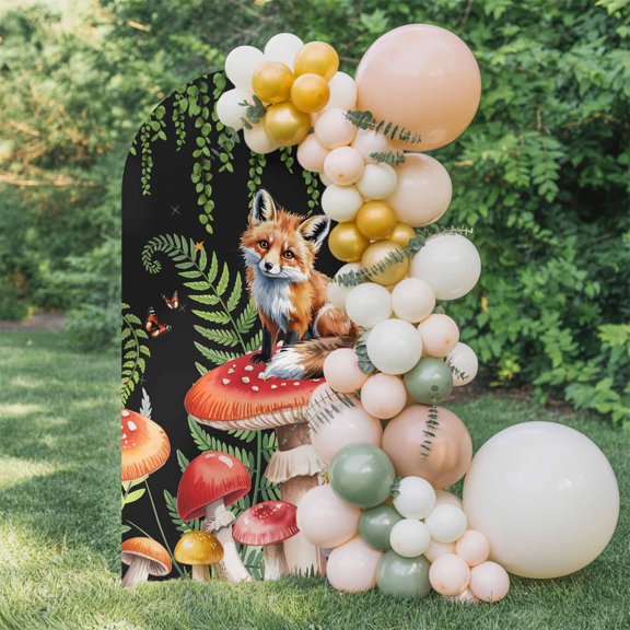 6ft Arch Backdrop Cover,Fox on Mushroom Arch Stand Cover Spandex Fitted Backdrop Covers Country Eucalyptus Leaf on Black Wedding Birthday Bridal Shower Party Background Decoration