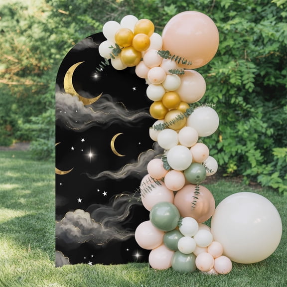 6ft Arch Backdrop Cover,Golden Moons Mystical Evening Arch Stand Cover Spandex Fitted Backdrop Covers Celestial Cloud Black Sky Wedding Birthday Bridal Shower Party Background Decoration