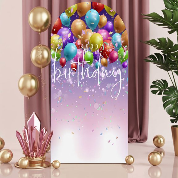 6ft Arch Backdrop Cover,Happy Birthday Colorful Balloon Arch Stand Cover Spandex Fitted Backdrop Covers Gradient Purple Background Wedding Birthday Bridal Shower Party Background Decoration