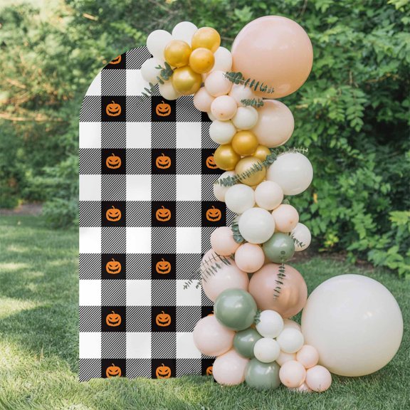 6ft Arch Backdrop Cover,Happy Halloween Orange Pumpkin Arch Stand Cover Spandex Fitted Backdrop Covers Black White Check Lattice Wedding Birthday Bridal Shower Party Background Decoration