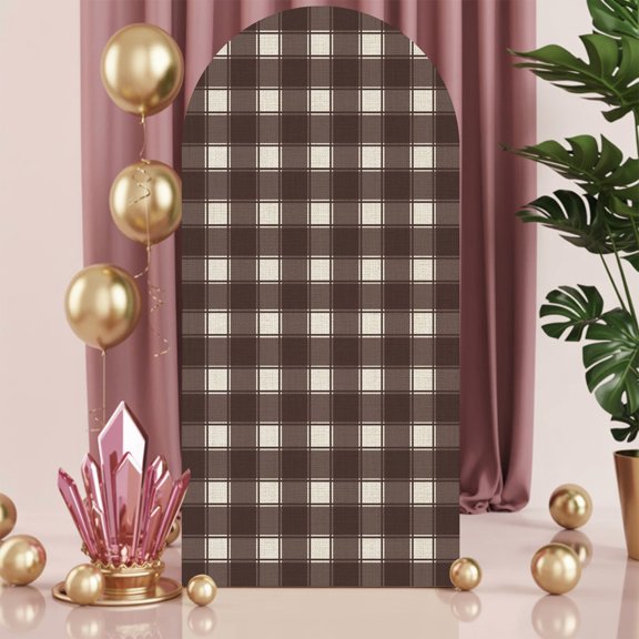6ft Arch Backdrop Cover,Modern Dark Brown Buffalo Plaid Arch Stand Cover Spandex Fitted Backdrop Covers Abstract Minimalist Checkered Wedding Birthday Bridal Shower Party Background Decoration