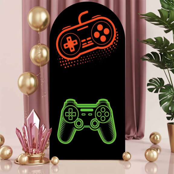 6ft Arch Backdrop Cover,Modern Game Controller on Black Arch Stand Cover Spandex Fitted Backdrop Covers Abstract Gamer Pad Sketch Wedding Birthday Bridal Shower Party Background Decoration
