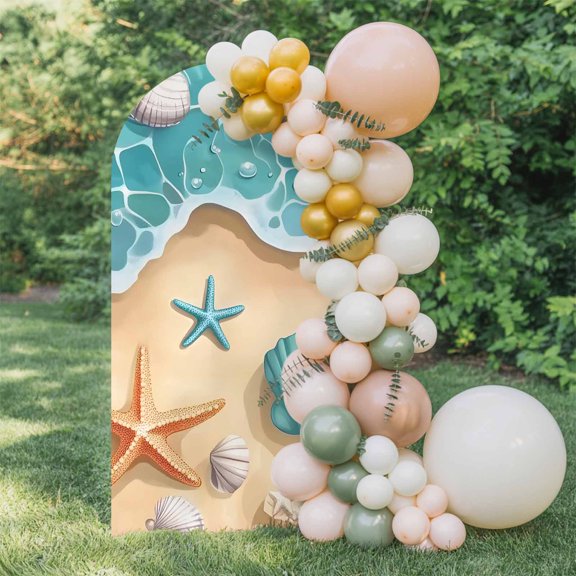 6ft Arch Backdrop Cover,Ocean Shell Starfish Cartoon Theme Arch Stand Cover Spandex Fitted Backdrop Covers Beach Blue Sea Water Wedding Birthday Bridal Shower Party Background Decoration