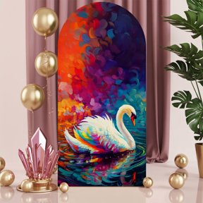 6ft Arch Backdrop Cover,Oil Painting Style Swan Arch Stand Cover Spandex Fitted Backdrop Covers Colorful Reflection Art Wedding Birthday Bridal Shower Party Background Decoration