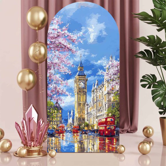 6ft Arch Backdrop Cover,Oil Style Clock Tower Arch Stand Cover Spandex Fitted Backdrop Covers Romantic Cherry Blossoms Wedding Birthday Bridal Shower Party Background Decoration