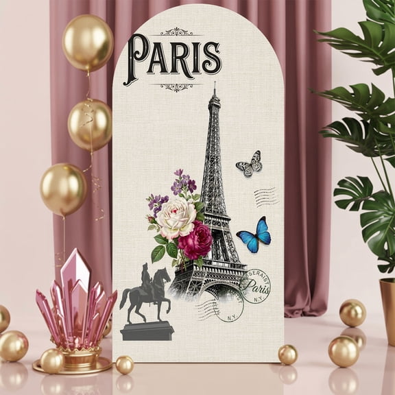 6ft Arch Backdrop Cover,Paris Iconic Architecture Tower on Linen Arch Stand Cover Spandex Fitted Backdrop Covers Flower Butterfly Stamp Wedding Birthday Bridal Shower Party Background Decoration