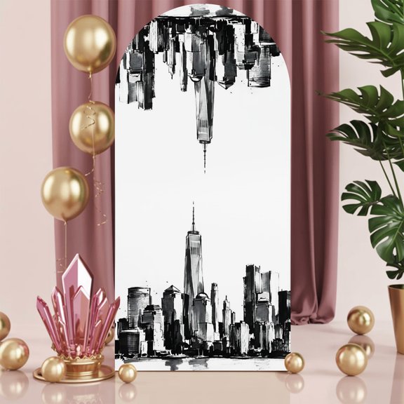 6ft Arch Backdrop Cover,Retro Ink Style Building Sketch Arch Stand Cover Spandex Fitted Backdrop Covers Urban Skyscraper Texture Wedding Birthday Bridal Shower Party Background Decoration