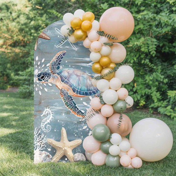 6ft Arch Backdrop Cover,Retro Ocean Sea Turtle Starfish Arch Stand Cover Spandex Fitted Backdrop Covers Marine Coral Shell Seahorse Wedding Birthday Bridal Shower Party Background Decoration