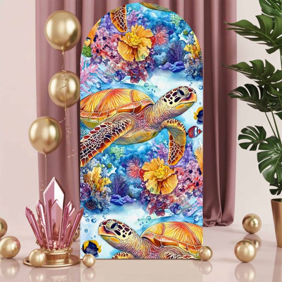 6ft Arch Backdrop Cover,Retro Sea Turtle Coral Seaweed Seashells Arch Stand Cover Spandex Fitted Backdrop Covers Underwater World Wedding Birthday Bridal Shower Party Background Decoration