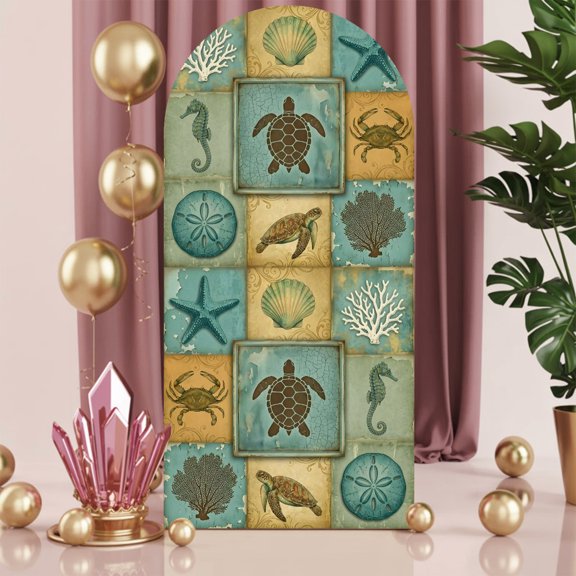6ft Arch Backdrop Cover,Sea Turtle Crab Seahorse Starfish Arch Stand Cover Spandex Fitted Backdrop Covers Vintage Marine Creature Style Wedding Birthday Bridal Shower Party Background Decoration