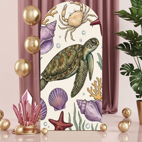6ft Arch Backdrop Cover,Sea Turtle Seahorse Crab Arch Stand Cover Spandex Fitted Backdrop Covers Ocean Starfish Shell Conch Coral Wedding Birthday Bridal Shower Party Background Decoration