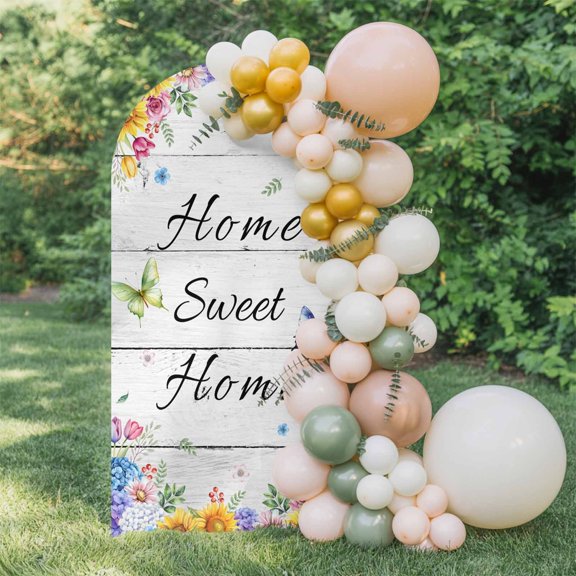 6ft Arch Backdrop Cover,Spring Floral Retro White Plank Arch Stand Cover Spandex Fitted Backdrop Covers Sweet Home Quote Wedding Birthday Bridal Shower Party Background Decoration