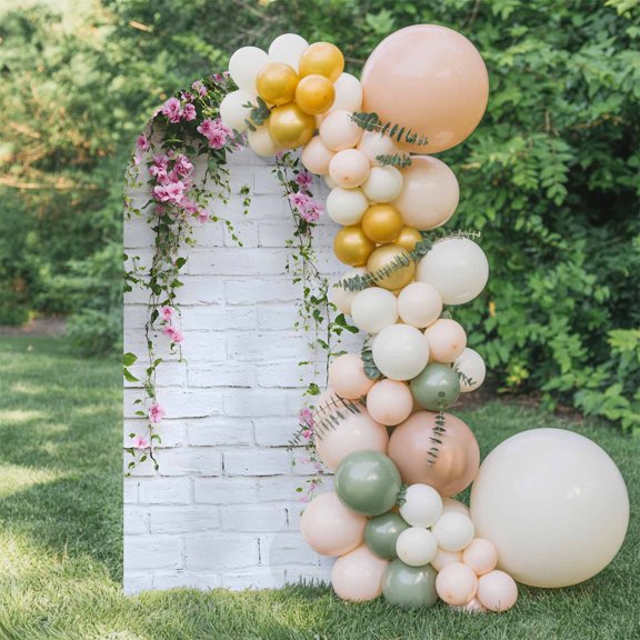 6ft Arch Backdrop Cover,Spring Pink Flower Green Leaf Arch Stand Cover Spandex Fitted Backdrop Covers White Brick Wall Pastoral Floral Wedding Birthday Bridal Shower Party Background Decoration