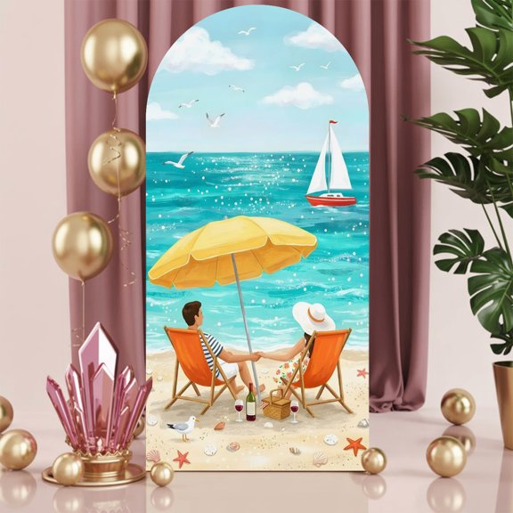 6ft Arch Backdrop Cover,Summer Couple on Beach Arch Stand Cover Spandex Fitted Backdrop Covers Ocean Seagull Sailboat Shell Starfish Wedding Birthday Bridal Shower Party Background Decoration