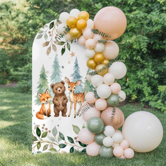 6ft Arch Backdrop Cover,Summer Forests Bear Fox Arch Stand Cover Spandex Fitted Backdrop Covers Star Pine Tree Leaves Wedding Birthday Bridal Shower Party Background Decoration