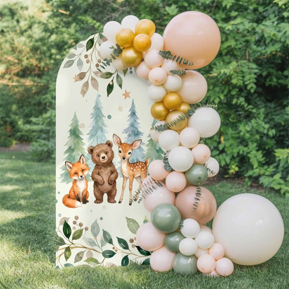 6ft Arch Backdrop Cover,Summer Forests Bear Fox Raccoon Arch Stand Cover Spandex Fitted Backdrop Covers Pine Tree Leaves on Green Wedding Birthday Bridal Shower Party Background Decoration