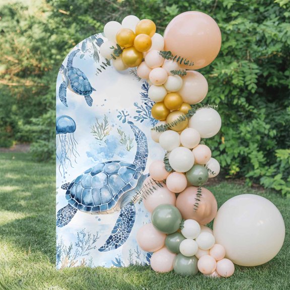 6ft Arch Backdrop Cover,Summer Ocean Sea Turtle Seaweed Arch Stand Cover Spandex Fitted Backdrop Covers Marine Life Jellyfish Coral Wedding Birthday Bridal Shower Party Background Decoration