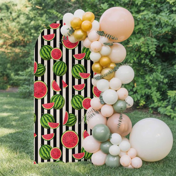 6ft Arch Backdrop Cover,Summer Watermelon Farm Fruits Arch Stand Cover Spandex Fitted Backdrop Covers Black Stripe on Beige Wedding Birthday Bridal Shower Party Background Decoration