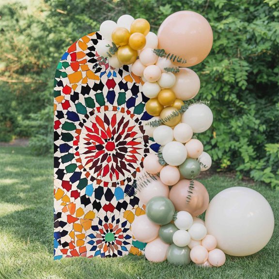 6ft Arch Backdrop Cover,Traditional Colourful Moroccan Wall Tile Mosaic Back Arch Stand Cover Spandex Fitted Backdrop Covers Bohemian Style Wedding Birthday Bridal Shower Party Background Decoration
