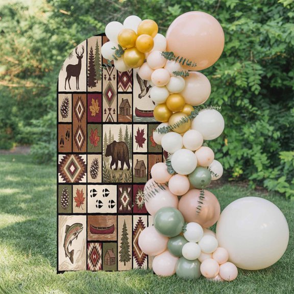 6ft Arch Backdrop Cover,Village Bear Deer Maple Leaf Fish Arch Stand Cover Spandex Fitted Backdrop Covers Retro Checkered Plaid Wedding Birthday Bridal Shower Party Background Decoration