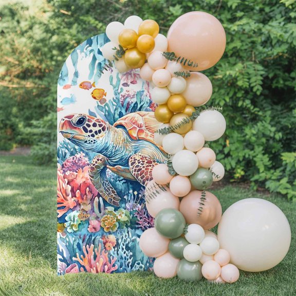6ft Arch Backdrop Cover,Vintage Sea Turtle Seaweed Coral Seashells Arch Stand Cover Spandex Fitted Backdrop Covers Marine Life Wedding Birthday Bridal Shower Party Background Decoration