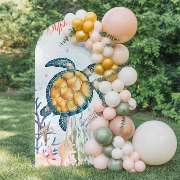 6ft Arch Backdrop Cover,Watercolor Coastal Sea Turtle Coral Seahorse Starfish Arch Stand Cover Spandex Fitted Backdrop Covers Underwater World Wedding Birthday Bridal Shower Party Background Decor