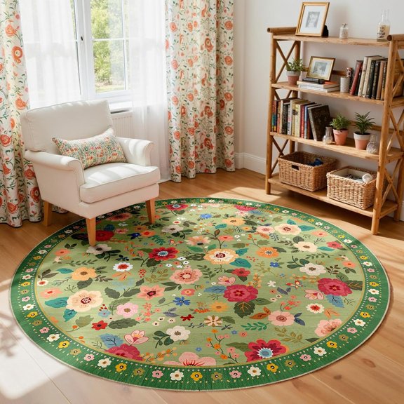 6ft Area Rugs for Living Room Vacuum-Friendly Machine Washable Area Rug Flower Floral Printed Pattern Low Pile Non-Slip Carpet for Bedroom Hallway Entryway, Light Green