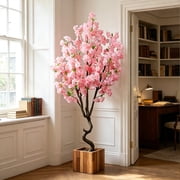 6ft Artificial Cherry Blossom Tree Light Pink Cherry Tree Plastic Flower Faux Leaves Plant Handmade Artificial Plants Tree for Home Office Indoor Outdoor Spring Party Wedding Decor