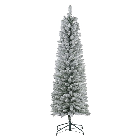 6ft Artificial Christmas Tree, Snow Flocked Branches, Metal Base, Pencil Xmas Tree