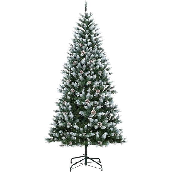 6ft Artificial Christmas Tree, Snow Flocked Christmas Tree w/64 Pinecones, 920 Frosted Tips, Pre-Decorated Tree for Holiday Party Decoration