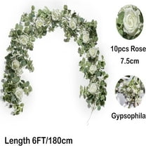 6ft Artificial Eucalyptus Garland with 10 White Roses & Baby's Breath, Silk Flower Garland for Wedding Arch, Table Runner, Centerpiece, Wall Backdrop Decor 🌿✨