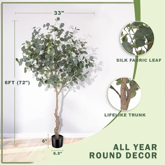 6ft Artificial Eucalyptus Tree in Plastic Nursery Pot, Tall Faux Eucalyptus Stems Fake Plants with 846 Silver Dollar Leaves, Artificial Trees for Office House Living Room Home Decor Indoor
