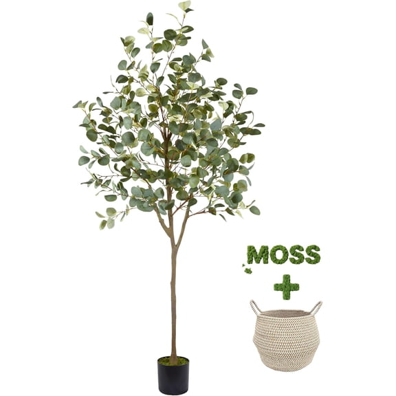 6ft Artificial Eucalyptus Tree with Basket and Silk Green Silver Dollar Leaves