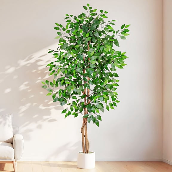 ROMSWI 6FT Artificial Ficus Tree with White Planter Tall Realistic Ficus Plants with Natural Wood Trunk for Living Room Home Office Porch