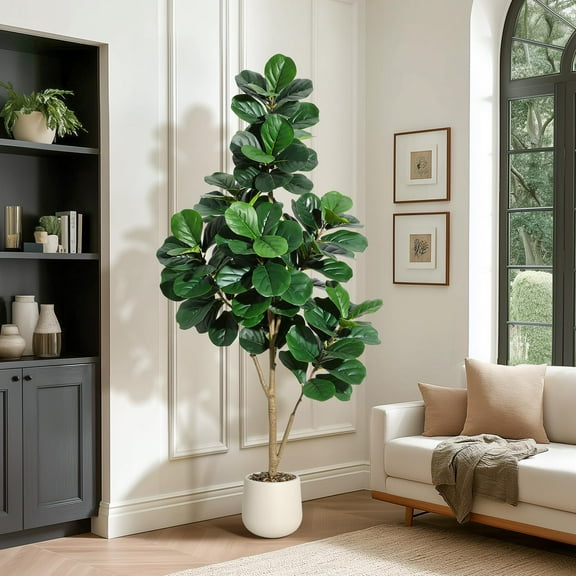 6ft Artificial Fiddle Leaf Fig Tree - Faux Ficus Lyrata with White Planter, Indoor Floor Fake Plant for Living Room Home Office Decor, Housewarming Gift