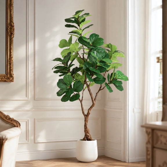 6ft Artificial Fiddle Leaf Fig Tree in White Pot - Realistic Faux Plant for Home Office Living Room Decor