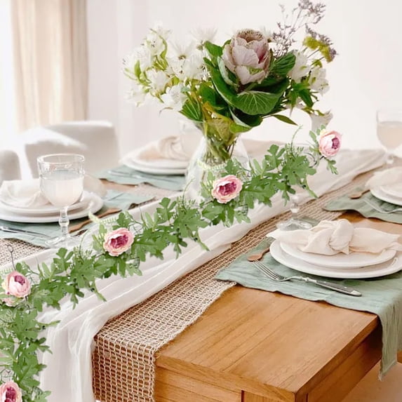 6ft Artificial Flower Garland with 7 Silk Roses and Gypsophila – White, Pink, Purple Floral Vine for Wedding Arch, Table Runner, Party Backdrop, Home Wall Decoration