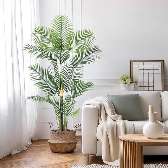 6ft Artificial Golden Cane Palm Lifelike Faux Tropical Pre-Potted 14 Leaves Stable Base Indoor/Outdoor Decor Green