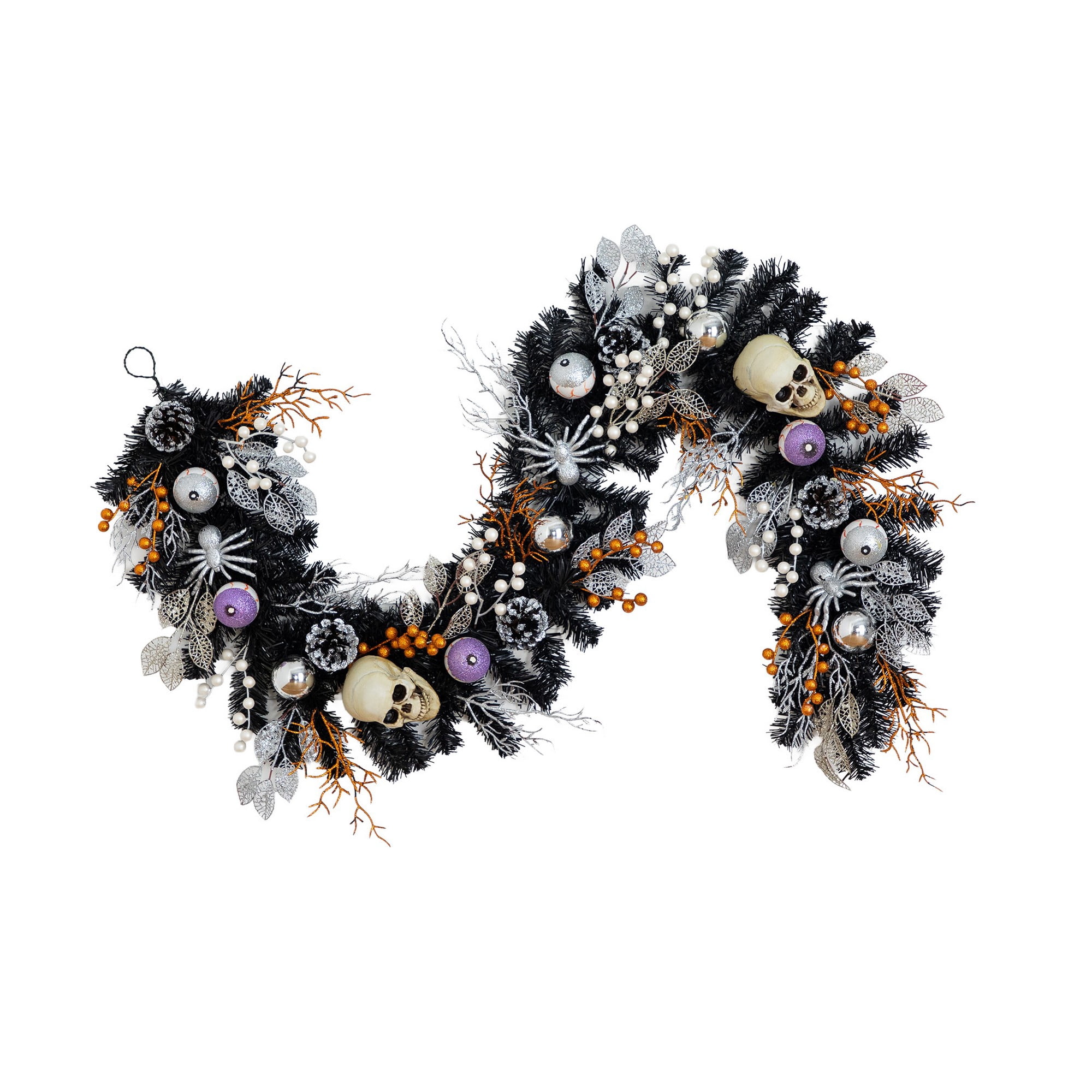 6ft. Artificial Halloween Black Garland with Skulls, Eyeballs and Spiders