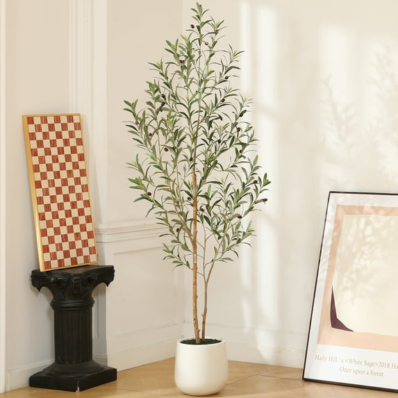 6ft Artificial Olive Tree with 10.5 inch White Planter, Tall Fake Olive Trees with Natural Wood Trunk and Lifelike Fruits, Faux Olive Silk Tree for Home Decor and Gift
